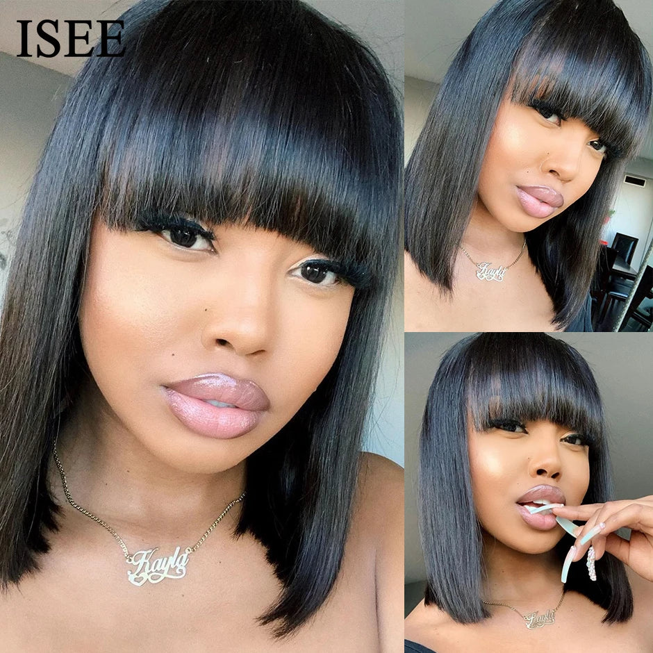 HAIR Machine Made Sew In Short Bob Wig With Bangs Human Hair Wigs  Brazilian Straight Wig with Bang For Women Glueless Wigs