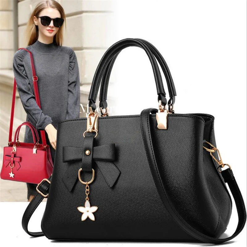 Elegant Women  Bags with flower pendant Office Ladies Totes Pure Handbag for female Crossbody Shoulder Bags