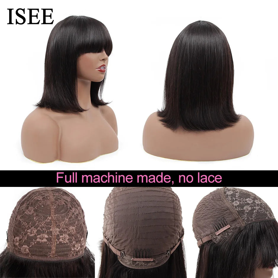 HAIR Machine Made Sew In Short Bob Wig With Bangs Human Hair Wigs  Brazilian Straight Wig with Bang For Women Glueless Wigs