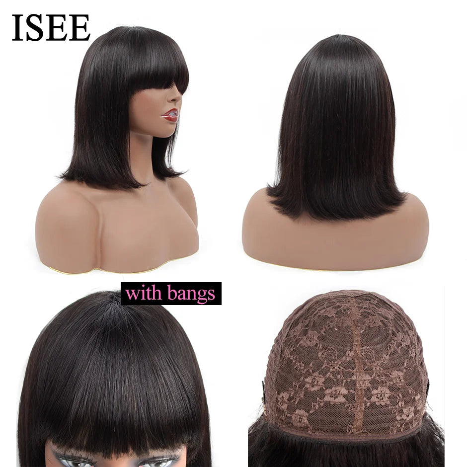 HAIR Machine Made Sew In Short Bob Wig With Bangs Human Hair Wigs  Brazilian Straight Wig with Bang For Women Glueless Wigs