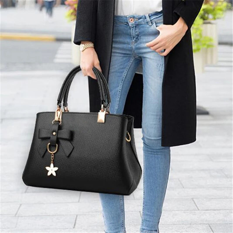 Elegant Women  Bags with flower pendant Office Ladies Totes Pure Handbag for female Crossbody Shoulder Bags