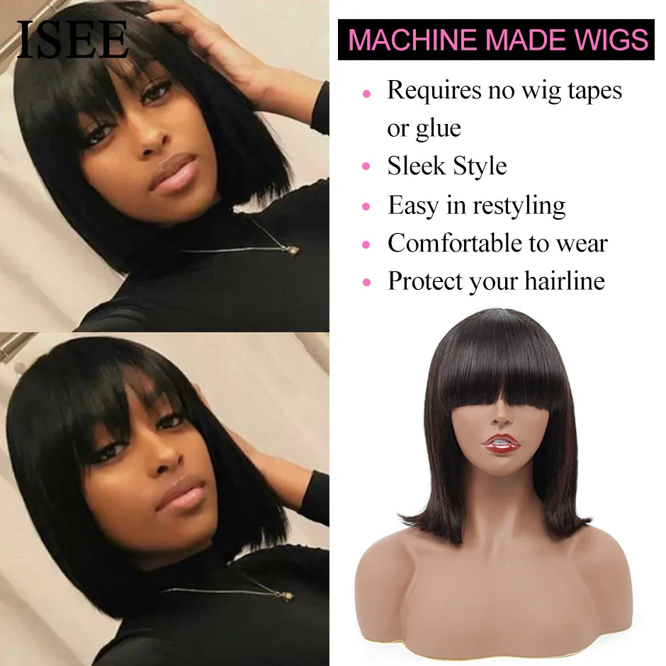 HAIR Machine Made Sew In Short Bob Wig With Bangs Human Hair Wigs  Brazilian Straight Wig with Bang For Women Glueless Wigs