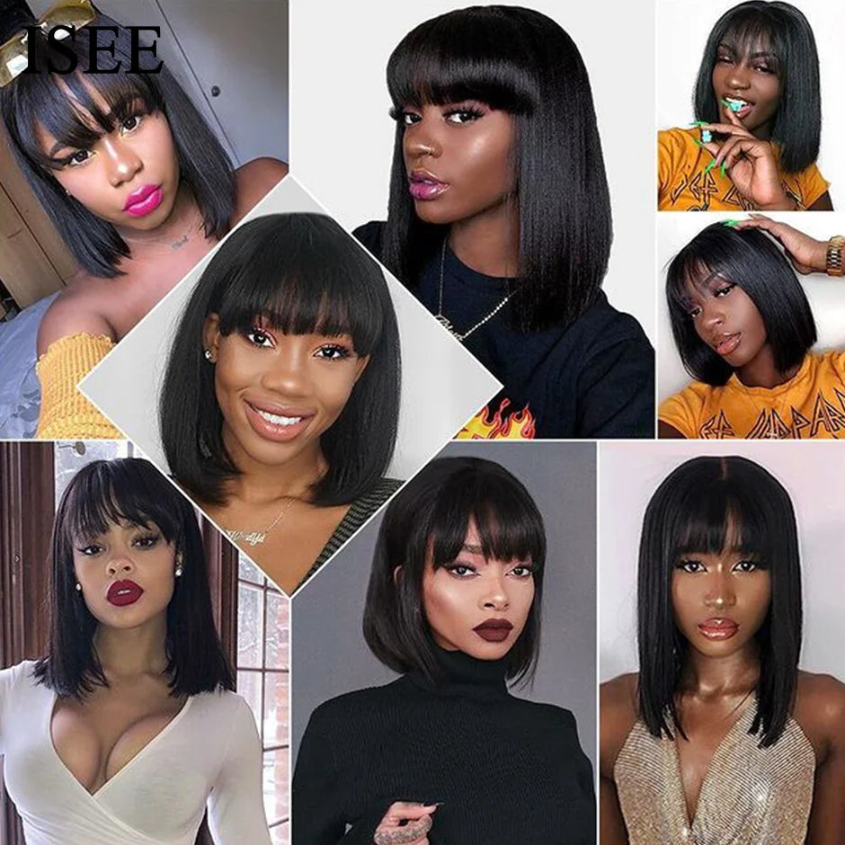 HAIR Machine Made Sew In Short Bob Wig With Bangs Human Hair Wigs  Brazilian Straight Wig with Bang For Women Glueless Wigs