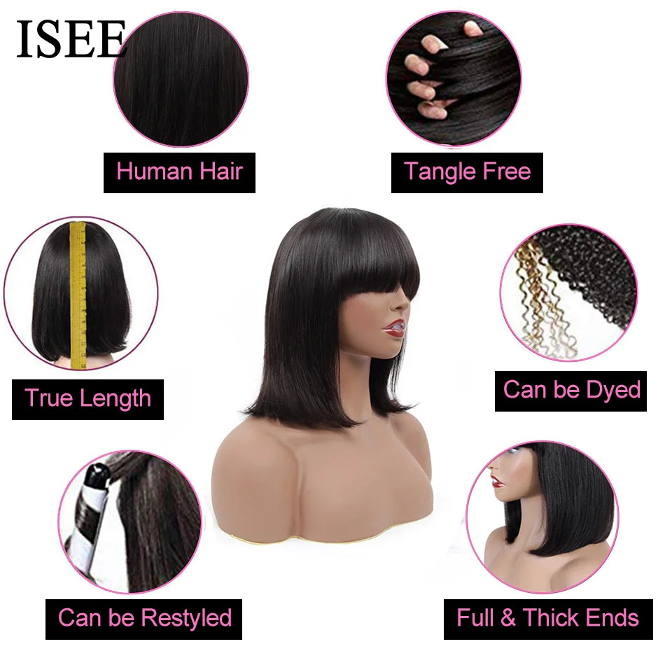 HAIR Machine Made Sew In Short Bob Wig With Bangs Human Hair Wigs  Brazilian Straight Wig with Bang For Women Glueless Wigs