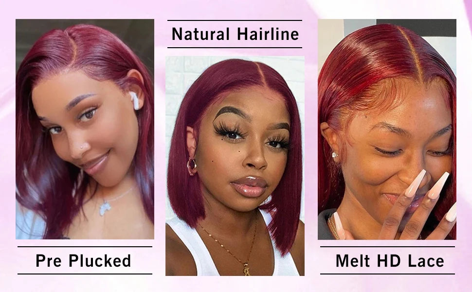 Glueless Burgundy Transparent Short Bob Human Hair Wigs Color 99J Red Bone Straight Lace Front Wig