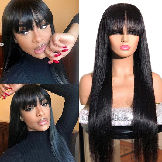 Brazilian Bone Straight Long 100% Human Hair Wigs With Bangs Natural Black Fringe Wig With Bangs cheap wigs