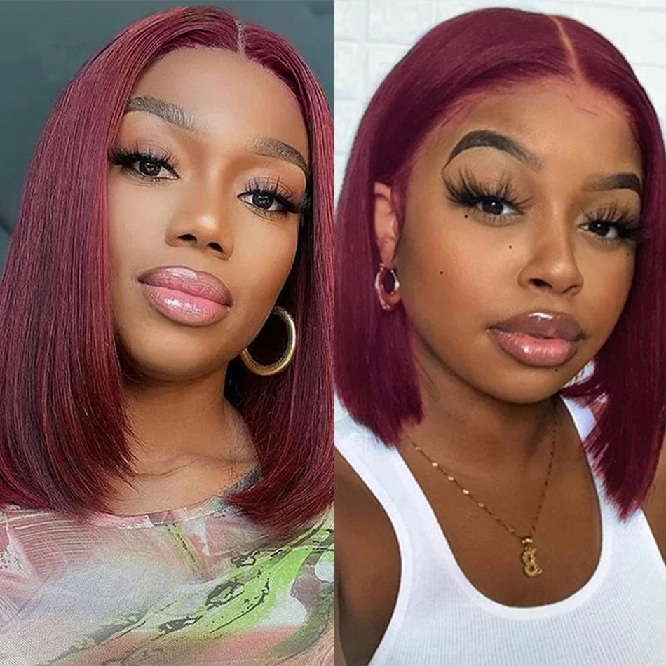 Glueless Burgundy Transparent Short Bob Human Hair Wigs Color 99J Red Bone Straight Lace Front Wig