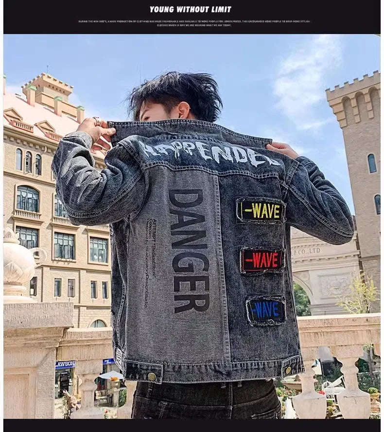 2025 Spring New Men's High-Quality Denim Jacket Korean Fashion Street Hip Hop Style Loose Casual Black Coats for Daily Wear