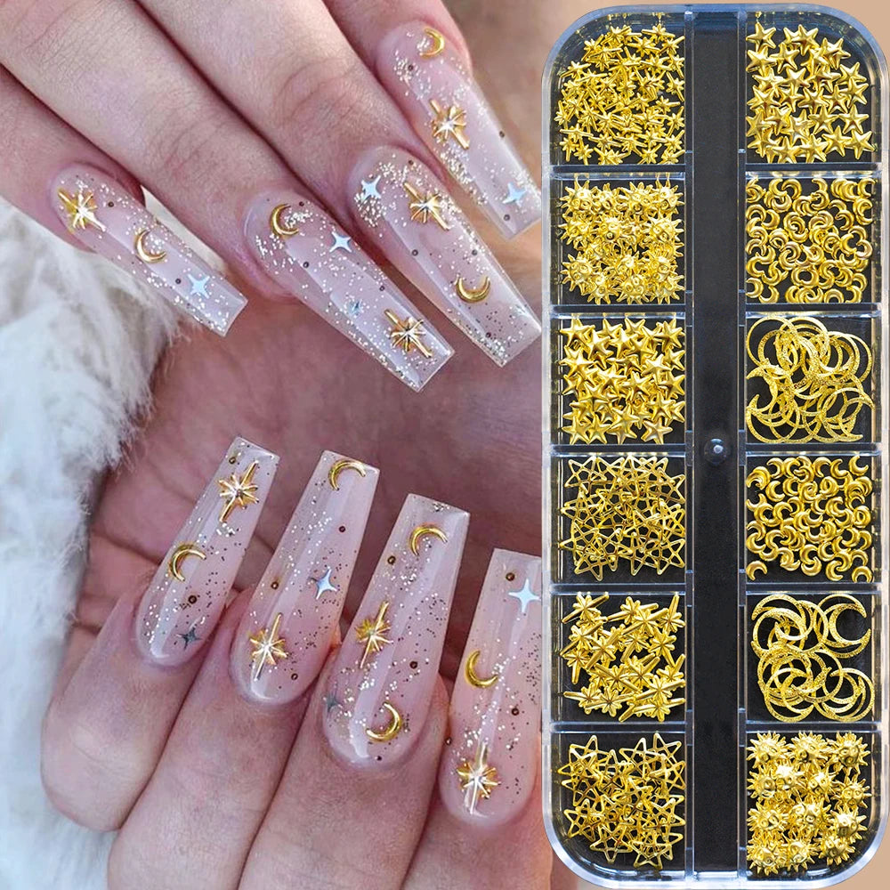 Gold Metallic Moon Star Nails Sequins Charms 3D Nail Art Tips Decoration 3D Metal Moon Star Sun Bead Rivet Nail Jewelry