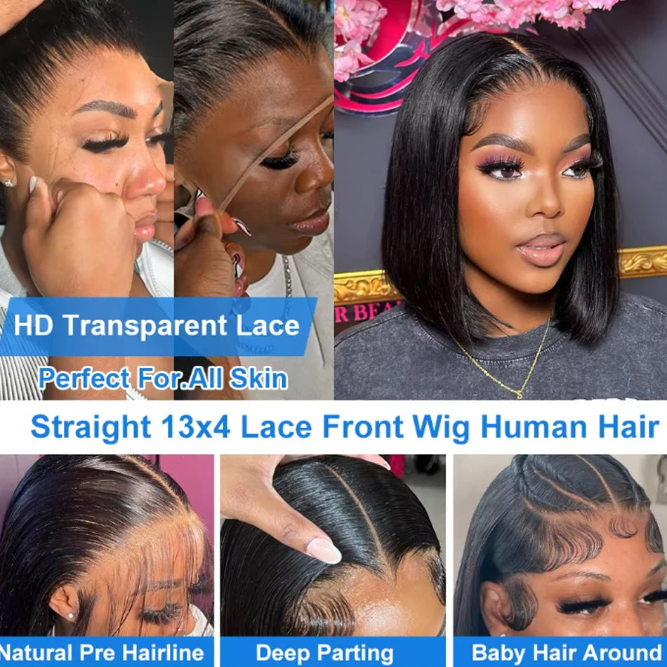 Glueless Bob Wig Bone Straight Lace Frontal Wig 180% Raw Human Hair Wigs for Black Women PrePlucked HD Transparent