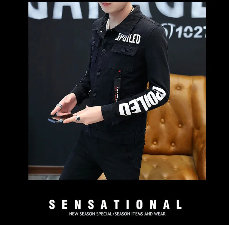 2025 Spring New Men's High-Quality Denim Jacket Korean Fashion Street Hip Hop Style Loose Casual Black Coats for Daily Wear