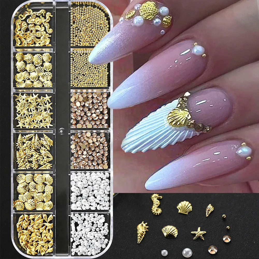 Gold Metallic Moon Star Nails Sequins Charms 3D Nail Art Tips Decoration 3D Metal Moon Star Sun Bead Rivet Nail Jewelry