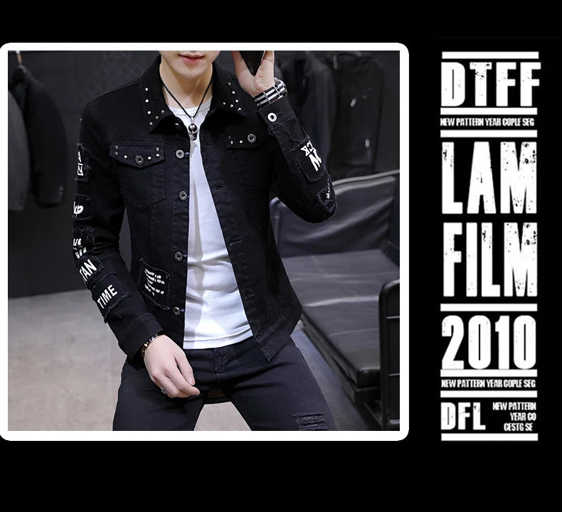 2025 Spring New Men's High-Quality Denim Jacket Korean Fashion Street Hip Hop Style Loose Casual Black Coats for Daily Wear