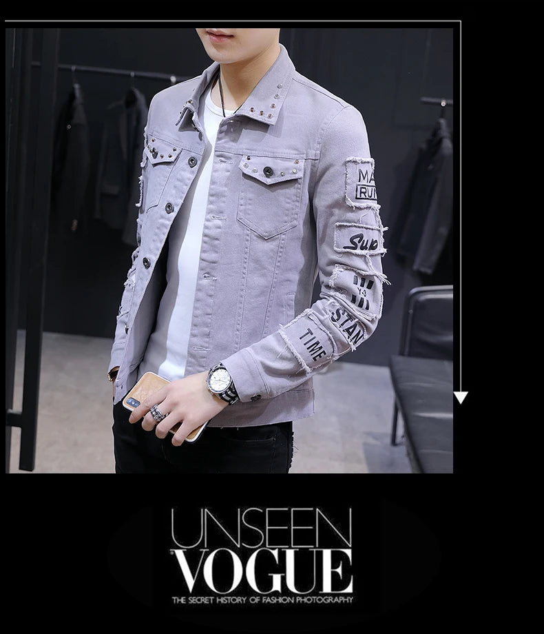 2025 Spring New Men's High-Quality Denim Jacket Korean Fashion Street Hip Hop Style Loose Casual Black Coats for Daily Wear