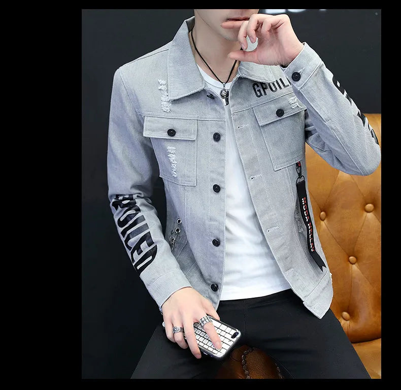 2025 Spring New Men's High-Quality Denim Jacket Korean Fashion Street Hip Hop Style Loose Casual Black Coats for Daily Wear