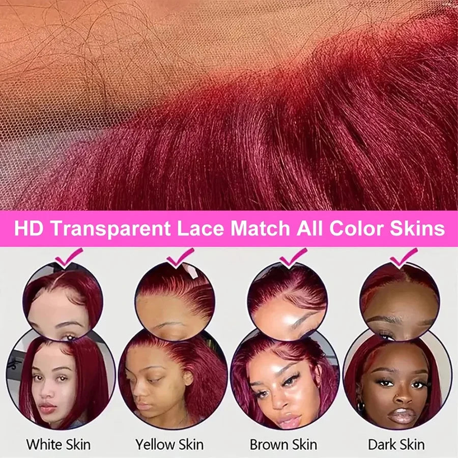 Glueless Burgundy Transparent Short Bob Human Hair Wigs Color 99J Red Bone Straight Lace Front Wig