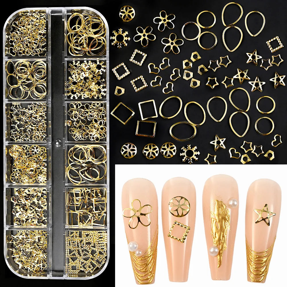 Gold Metallic Moon Star Nails Sequins Charms 3D Nail Art Tips Decoration 3D Metal Moon Star Sun Bead Rivet Nail Jewelry