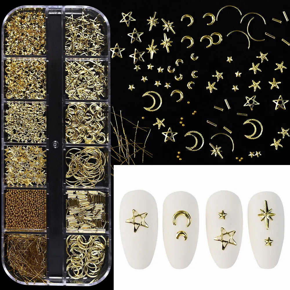 Gold Metallic Moon Star Nails Sequins Charms 3D Nail Art Tips Decoration 3D Metal Moon Star Sun Bead Rivet Nail Jewelry