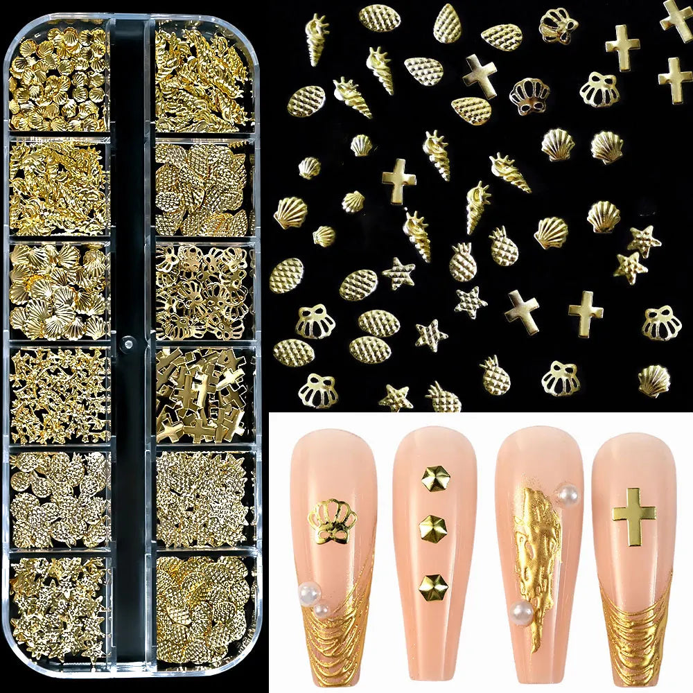 Gold Metallic Moon Star Nails Sequins Charms 3D Nail Art Tips Decoration 3D Metal Moon Star Sun Bead Rivet Nail Jewelry