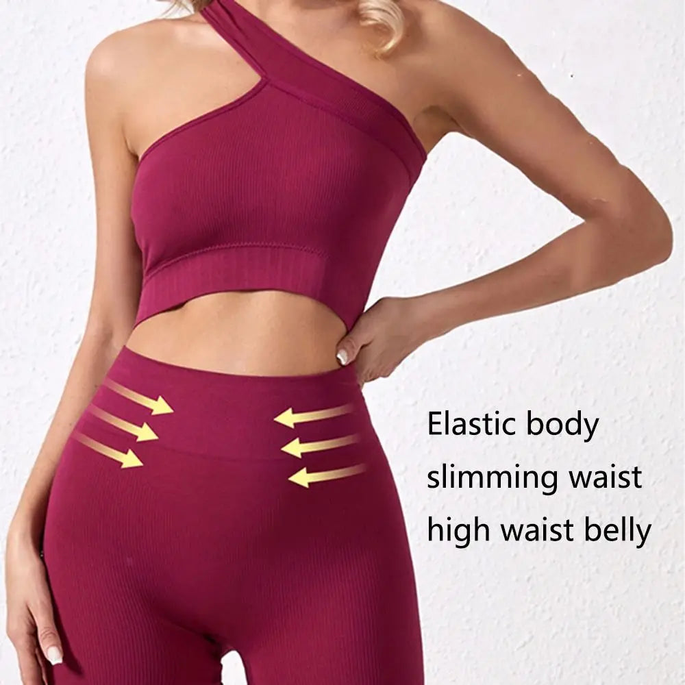 High Waist Seamless Women's Workout Set One Shoulder Active Wear Tank Top Ribbed Sports Yoga Set for Fitness