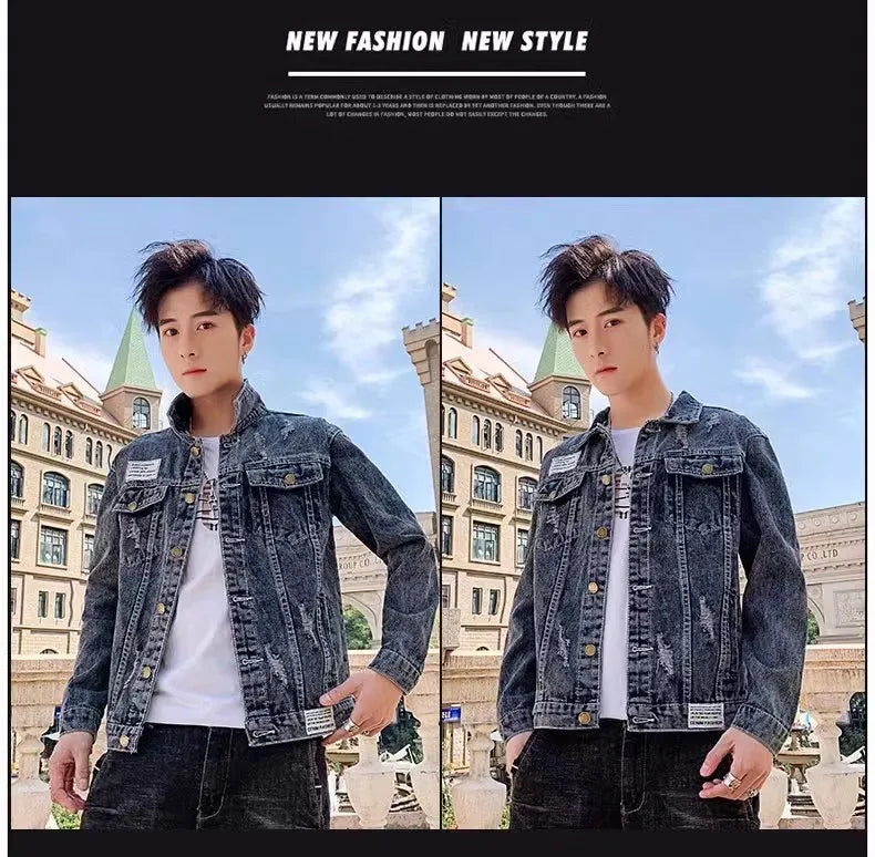 2025 Spring New Men's High-Quality Denim Jacket Korean Fashion Street Hip Hop Style Loose Casual Black Coats for Daily Wear