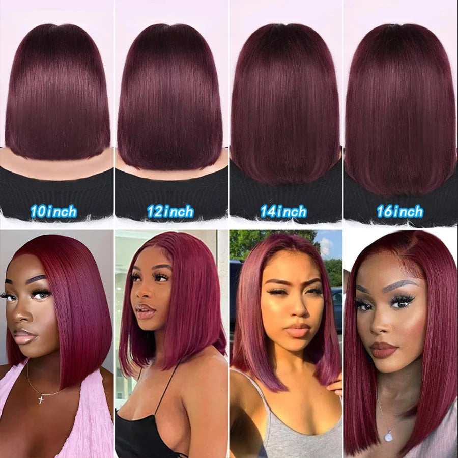 Glueless Burgundy Transparent Short Bob Human Hair Wigs Color 99J Red Bone Straight Lace Front Wig