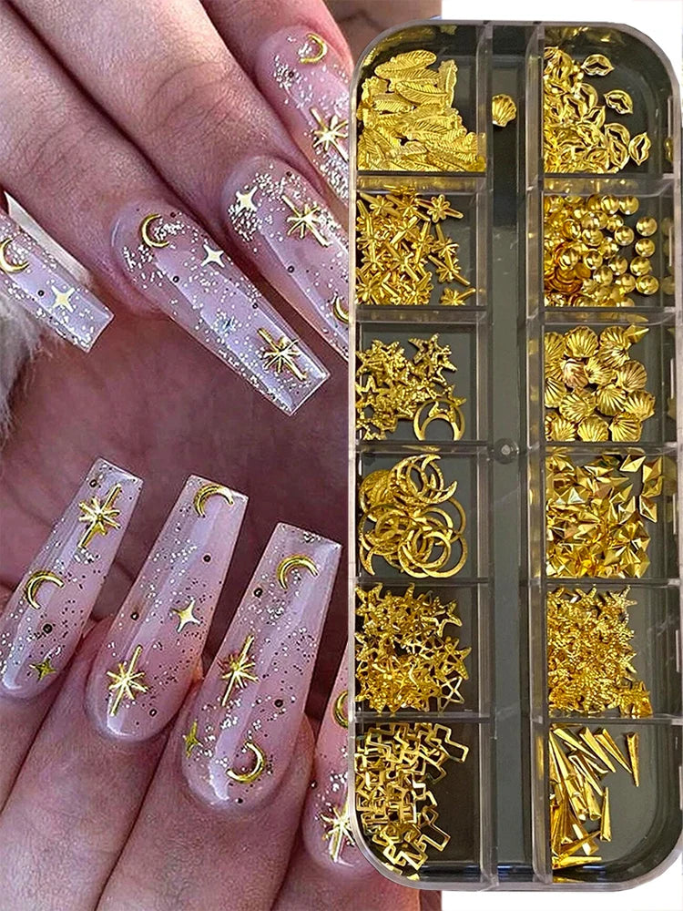 Gold Metallic Moon Star Nails Sequins Charms 3D Nail Art Tips Decoration 3D Metal Moon Star Sun Bead Rivet Nail Jewelry