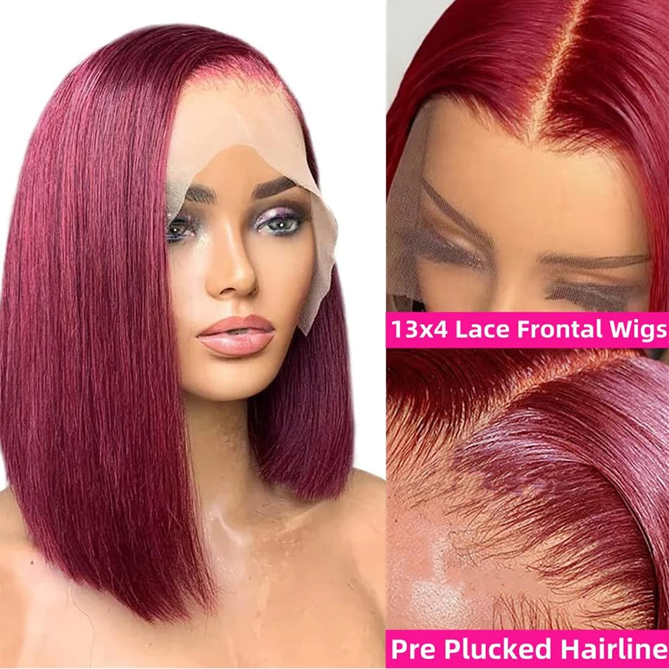 Glueless Burgundy Transparent Short Bob Human Hair Wigs Color 99J Red Bone Straight Lace Front Wig