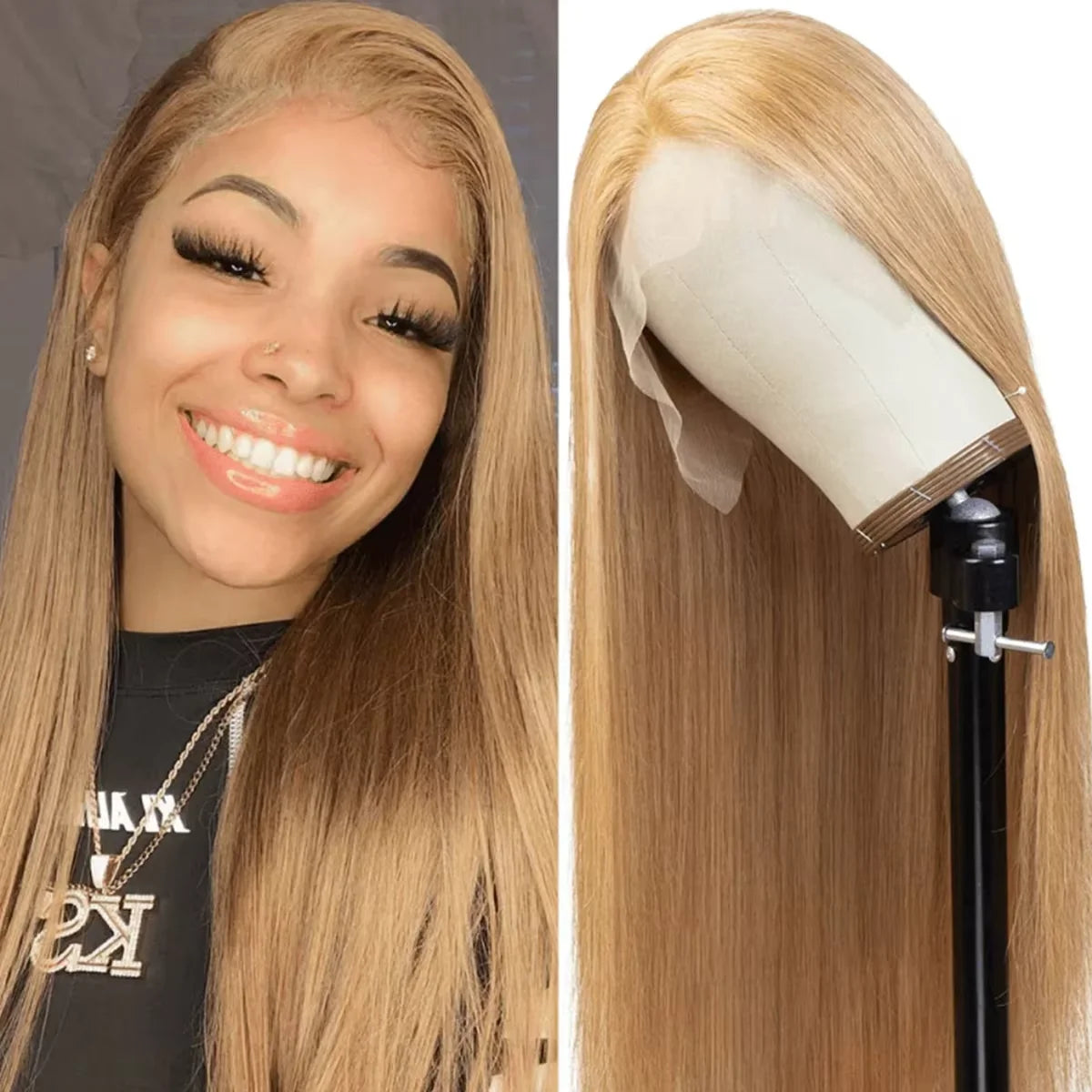 27 Honey Blonde Straight Human Hair Wig 13x6 Hd Lace Frontal Wig 250 Density Pre-plucked Transparent Wig