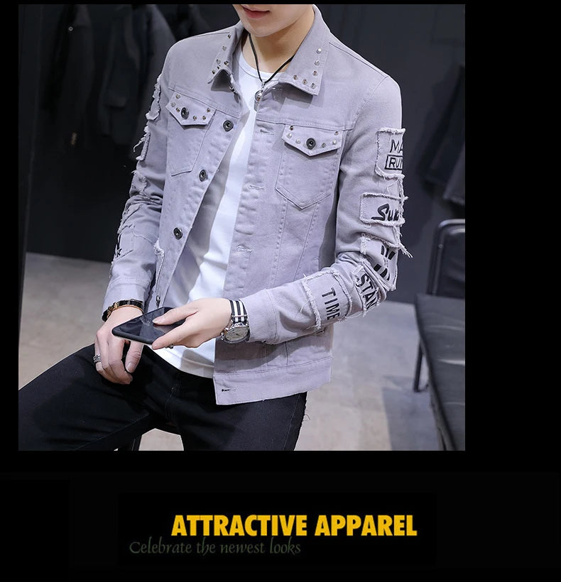 2025 Spring New Men's High-Quality Denim Jacket Korean Fashion Street Hip Hop Style Loose Casual Black Coats for Daily Wear