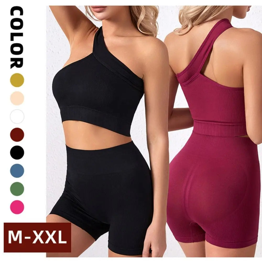 High Waist Seamless Women's Workout Set One Shoulder Active Wear Tank Top Ribbed Sports Yoga Set for Fitness