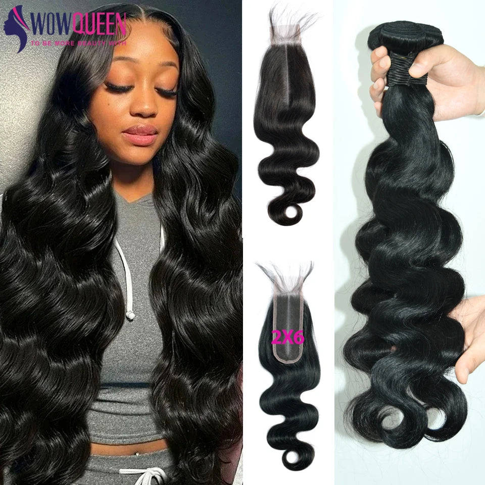 Body Wave Bundles With Closure 2x6 Brazilian Hair Weave 3/4 Bundles With Closure Natural Bundles With Lace Human Hair