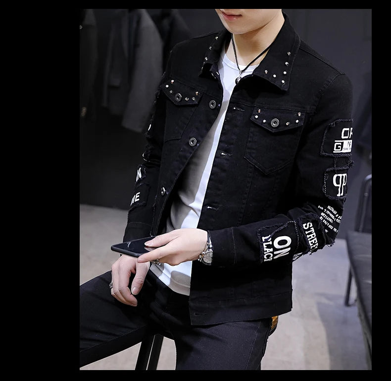 2025 Spring New Men's High-Quality Denim Jacket Korean Fashion Street Hip Hop Style Loose Casual Black Coats for Daily Wear