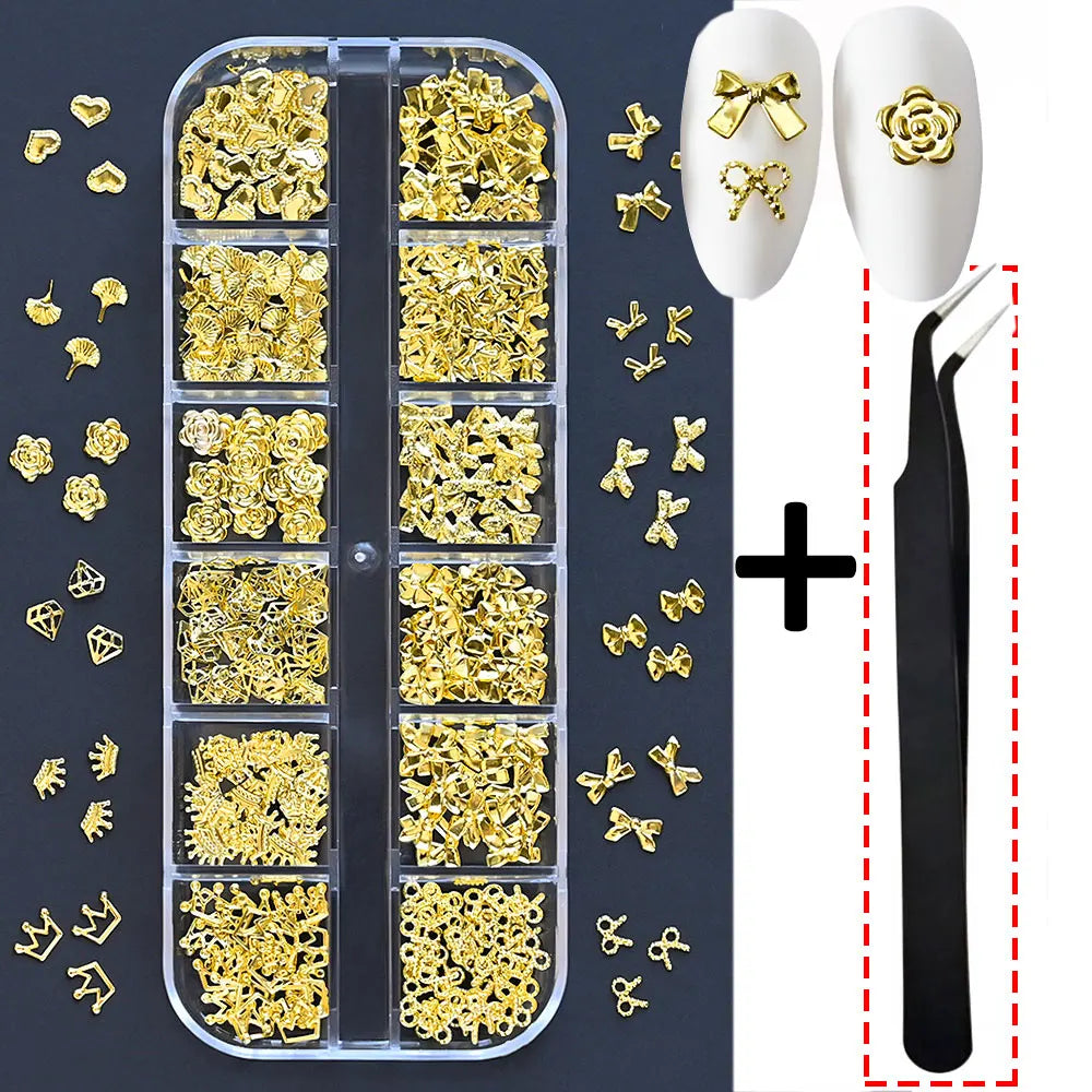 Gold Metallic Moon Star Nails Sequins Charms 3D Nail Art Tips Decoration 3D Metal Moon Star Sun Bead Rivet Nail Jewelry