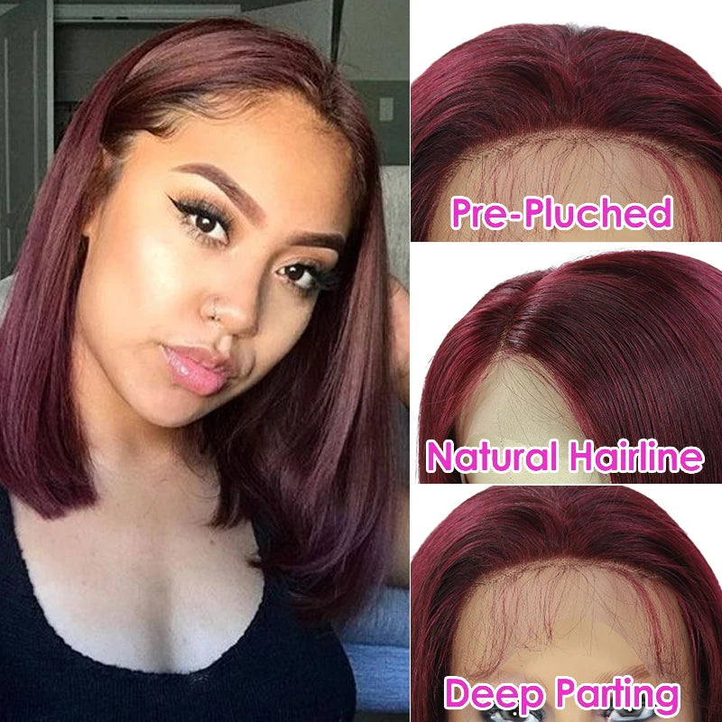 Glueless Burgundy Transparent Short Bob Human Hair Wigs Color 99J Red Bone Straight Lace Front Wig