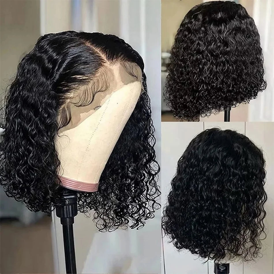 Human Hair Wig 200% Density Deep Wave Bob Wigs 13×4 Lace Front Black Brazilian Remy Wig