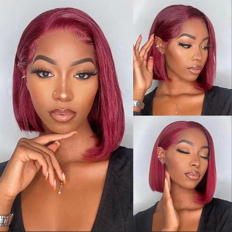 Glueless Burgundy Transparent Short Bob Human Hair Wigs Color 99J Red Bone Straight Lace Front Wig