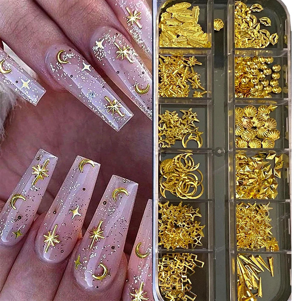 Gold Metallic Moon Star Nails Sequins Charms 3D Nail Art Tips Decoration 3D Metal Moon Star Sun Bead Rivet Nail Jewelry