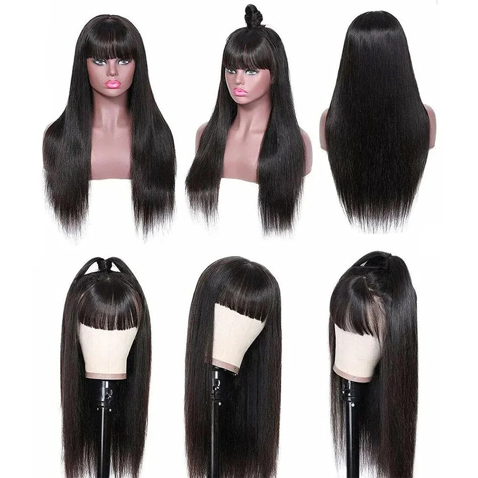 Brazilian Bone Straight Long 100% Human Hair Wigs With Bangs Natural Black Fringe Wig With Bangs cheap wigs