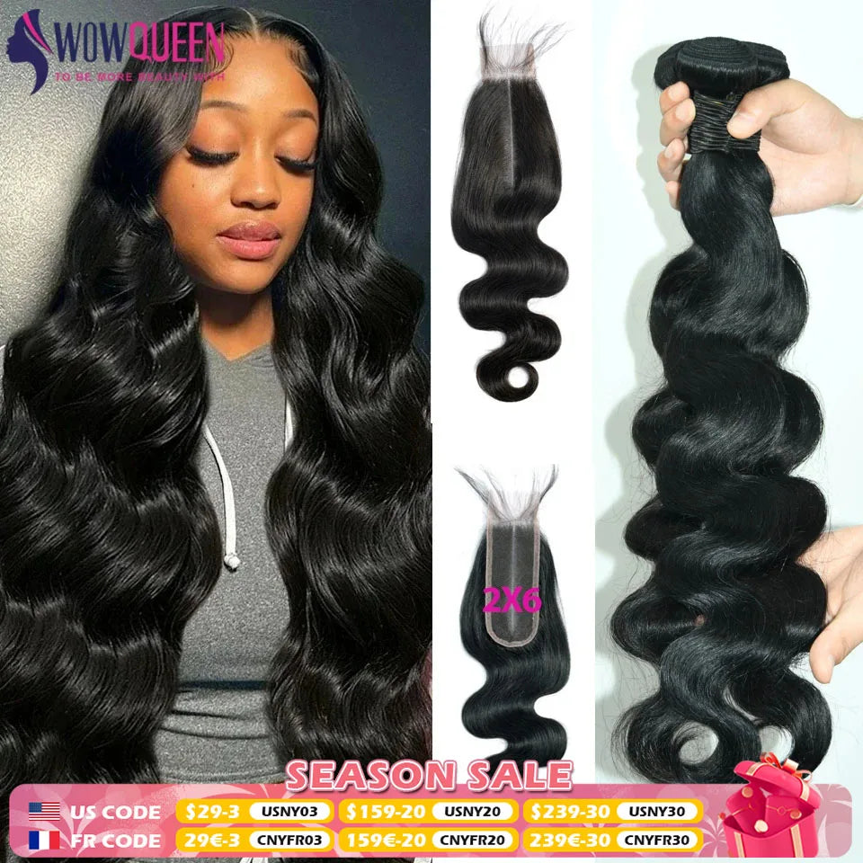 Body Wave Bundles With Closure 2x6 Brazilian Hair Weave 3/4 Bundles With Closure Natural Bundles With Lace Human Hair