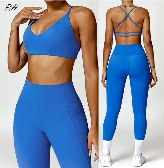 Blue Gym Yoga Set for Women Nude Sports Bra and Leggings Soft Elastic Backless Running Sport Set for Fitness