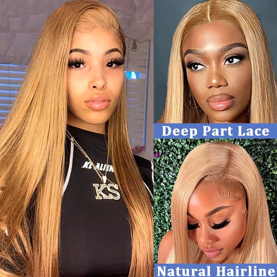 27 Honey Blonde Straight Human Hair Wig 13x6 Hd Lace Frontal Wig 250 Density Pre-plucked Transparent Wig