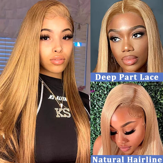 27 Honey Blonde Straight Human Hair Wig 13x6 Hd Lace Frontal Wig 250 Density Pre-plucked Transparent Wig