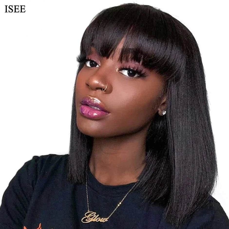 HAIR Machine Made Sew In Short Bob Wig With Bangs Human Hair Wigs  Brazilian Straight Wig with Bang For Women Glueless Wigs