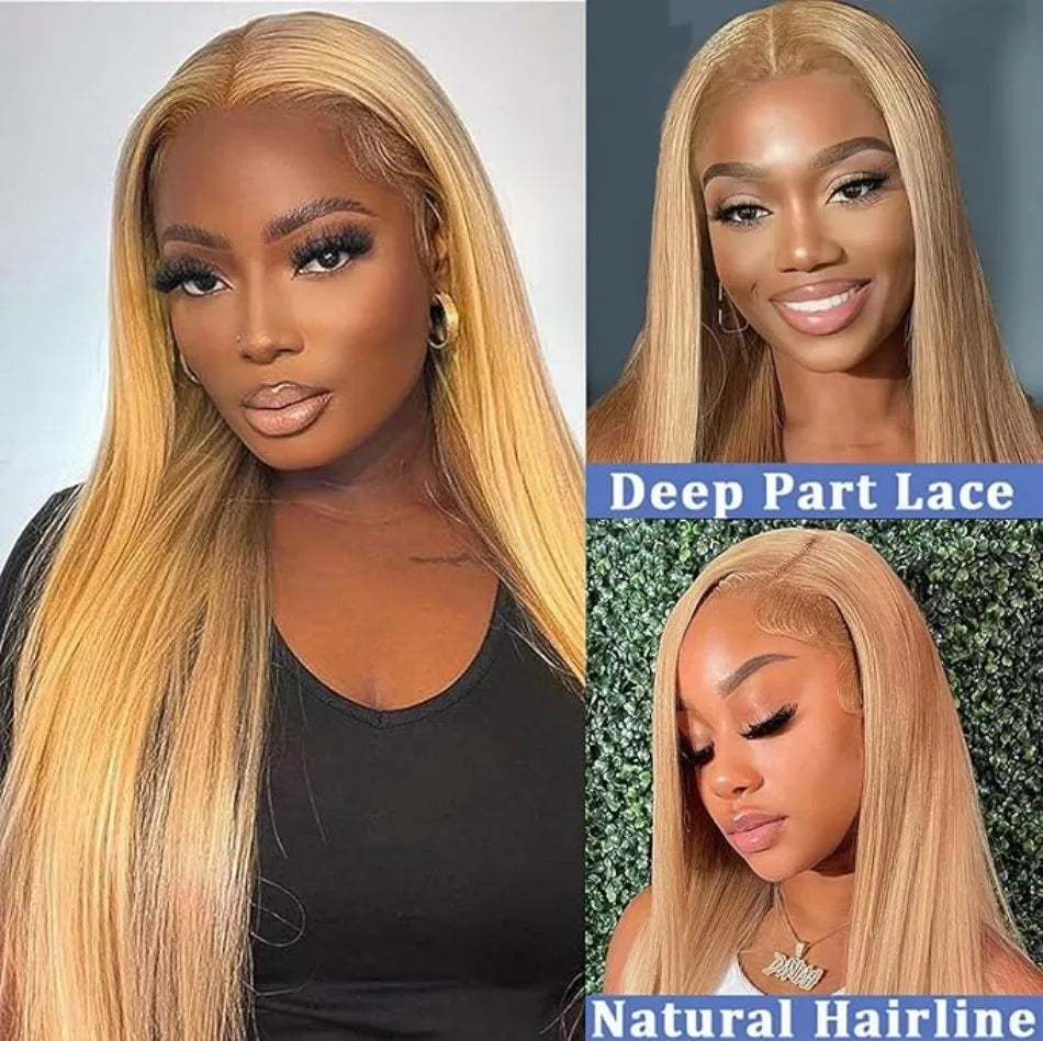 27 Honey Blonde Straight Human Hair Wig 13x6 Hd Lace Frontal Wig 250 Density Pre-plucked Transparent Wig