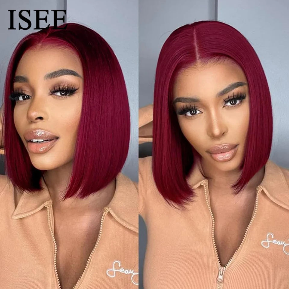 Glueless HD Bone Straight Short Bob Wig PrePlucked Transparent 99J Burgundy Lace Front Human Hair Wear