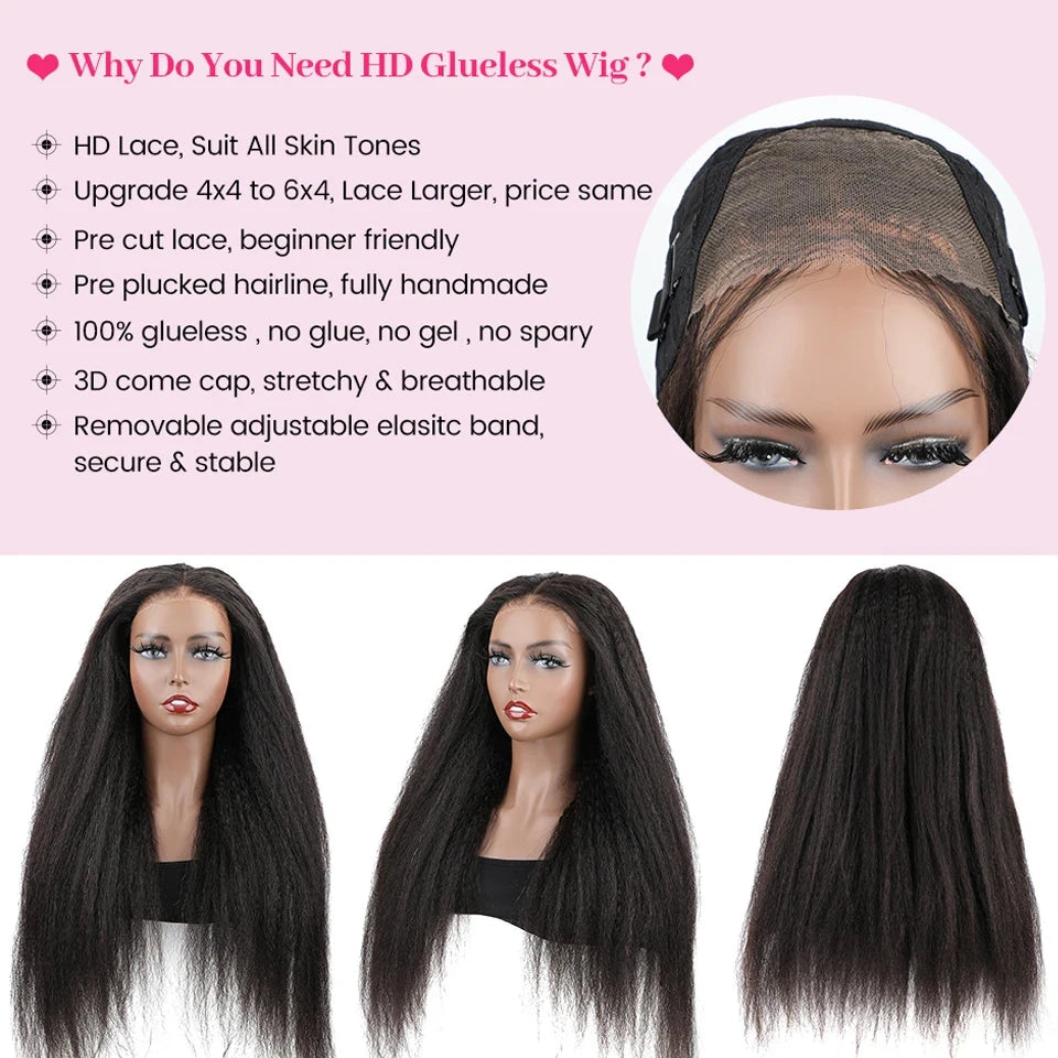 Wig Hair Brazilian Kinky Straight 13x4 HD Lace Front Glueless Wig Hman Hair Ready To Wear Yaki Straight 6x4