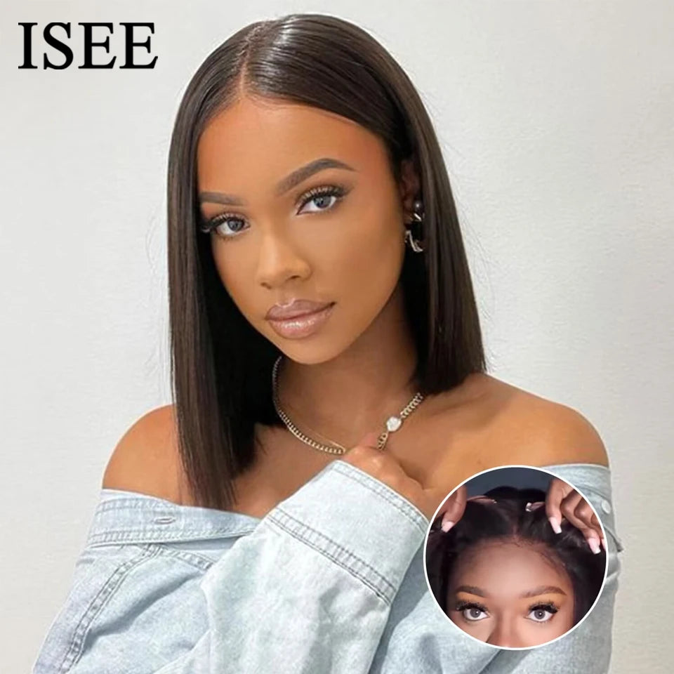 Glueless Human Hair Wig Bob HD Lace Straight Frontal Pre Plucked Ready To Go