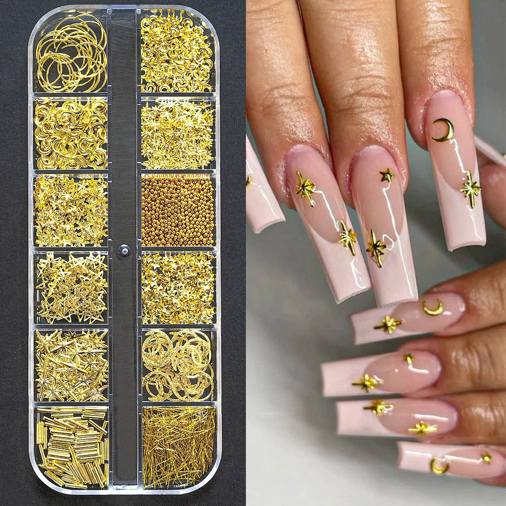 Gold Metallic Moon Star Nails Sequins Charms 3D Nail Art Tips Decoration 3D Metal Moon Star Sun Bead Rivet Nail Jewelry