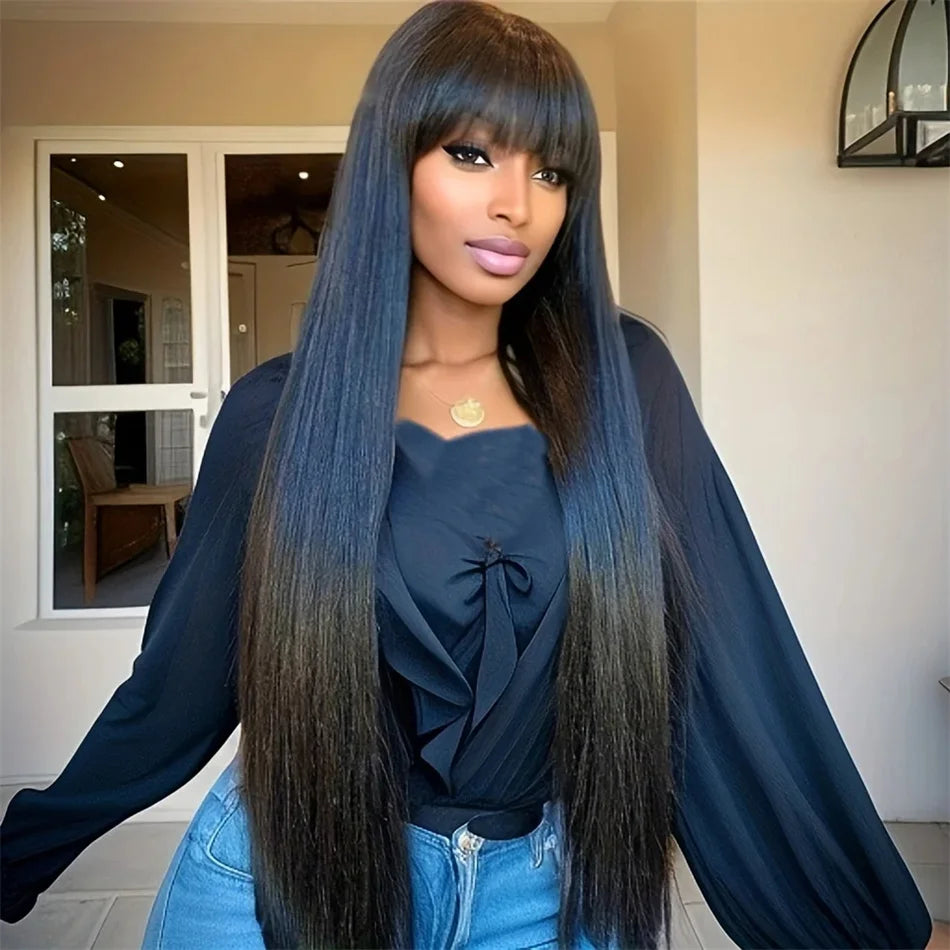 Brazilian Bone Straight Long 100% Human Hair Wigs With Bangs Natural Black Fringe Wig With Bangs cheap wigs